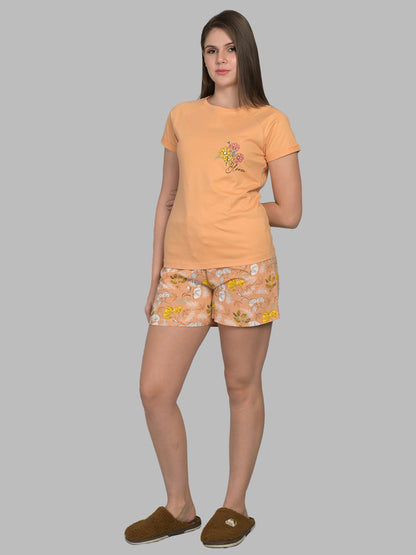 Round Neck Peach Half Sleeve Tshirt & Shorts Set