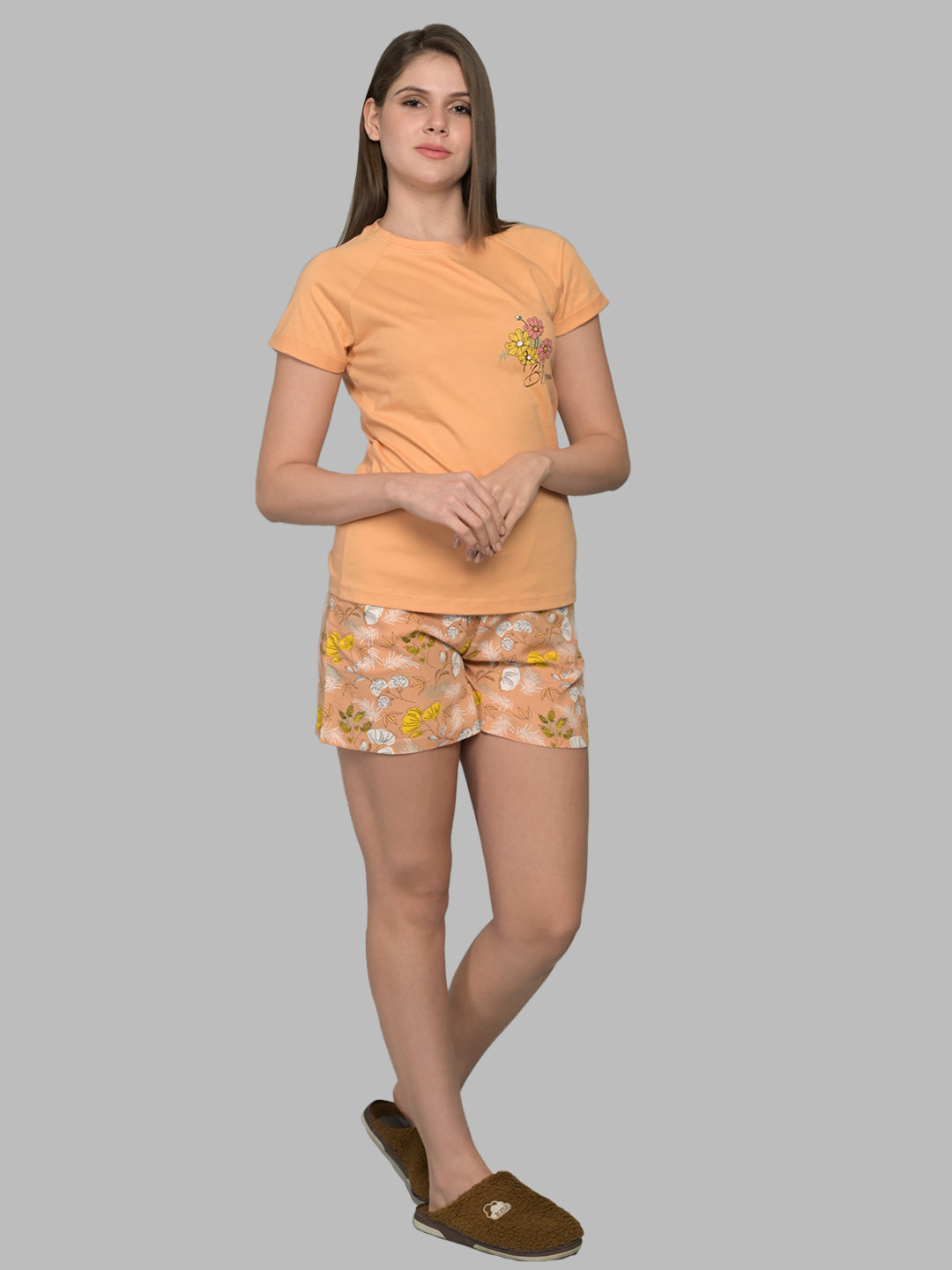 Round Neck Peach Half Sleeve Tshirt & Shorts Set