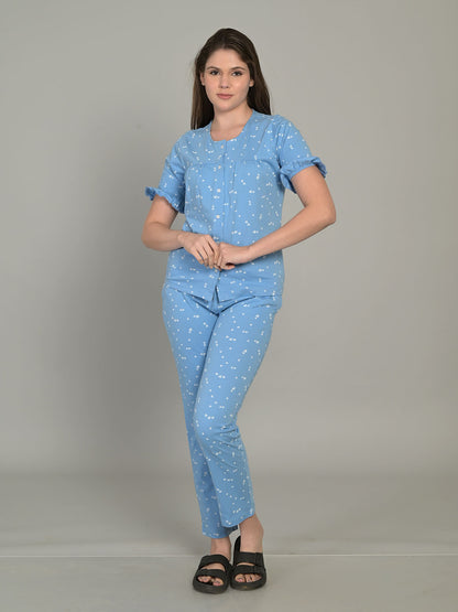 Round Neck Blue Half Sleeve Top & Pyjama Set