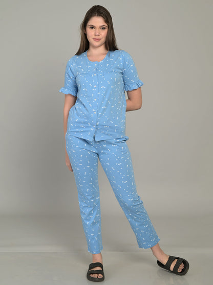 Round Neck Blue Half Sleeve Top & Pyjama Set