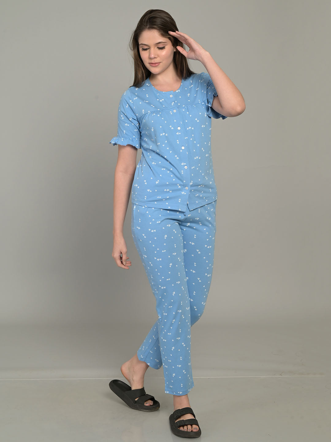 Round Neck Blue Half Sleeve Top & Pyjama Set