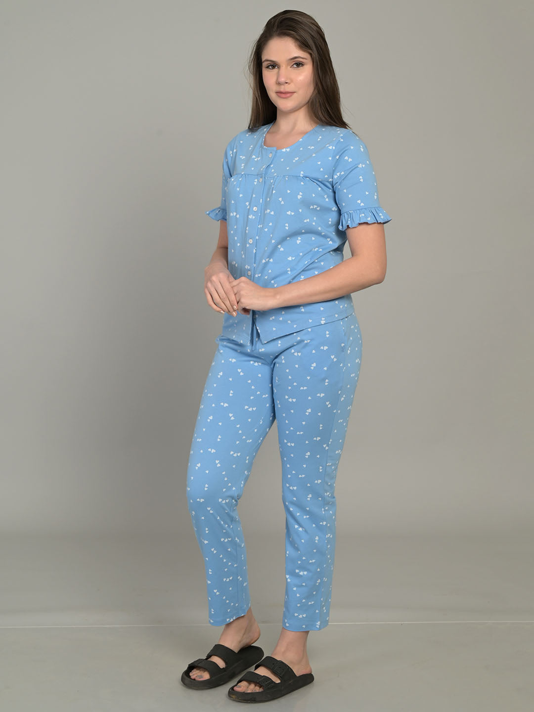 Round Neck Blue Half Sleeve Top & Pyjama Set