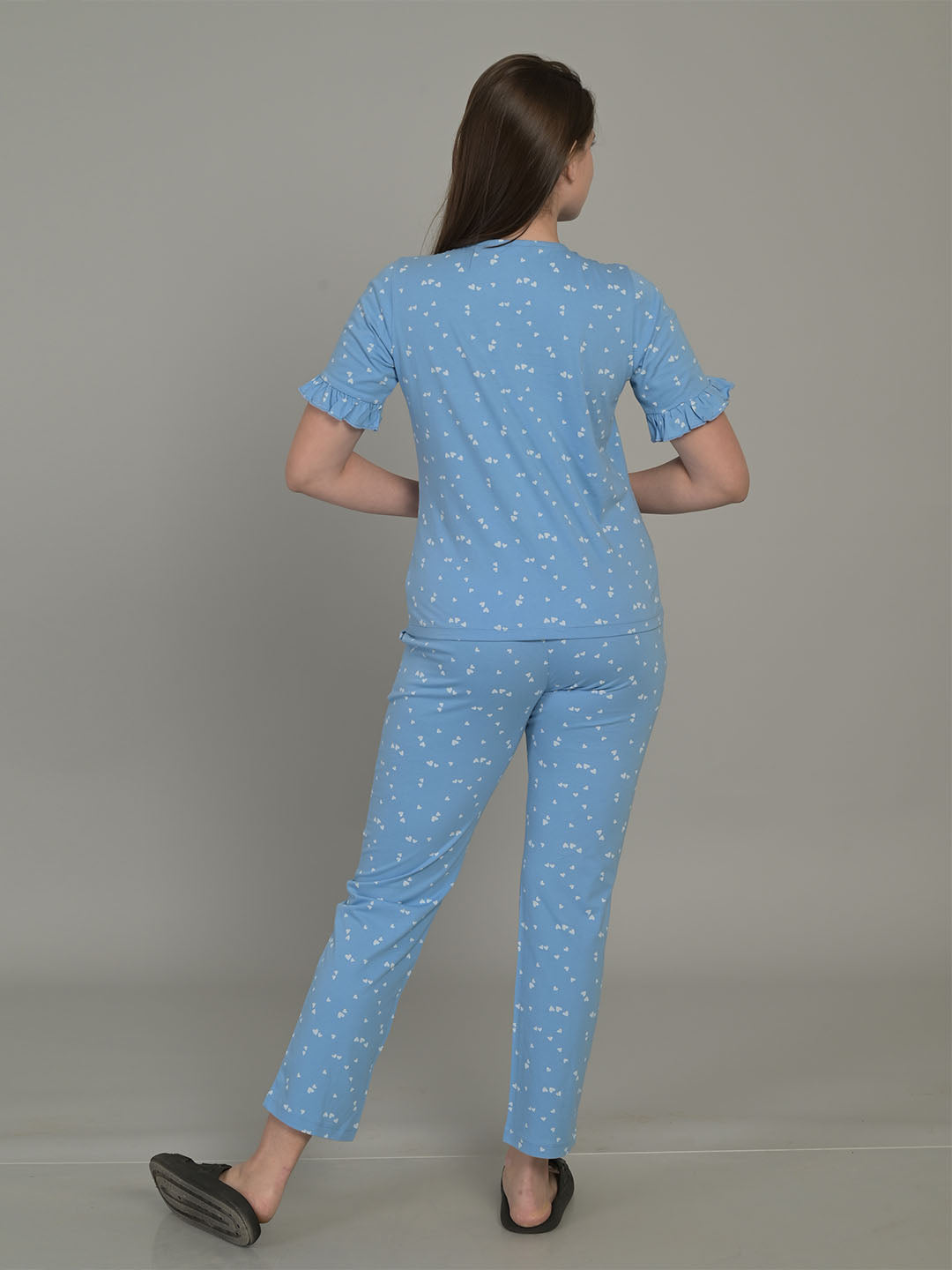 Round Neck Blue Half Sleeve Top & Pyjama Set