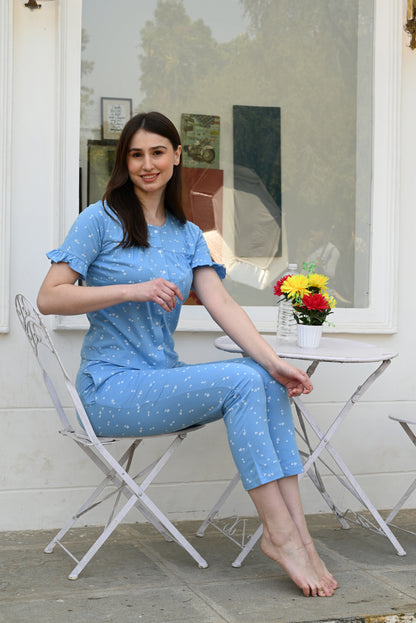 Round Neck Blue Half Sleeve Top & Pyjama Set