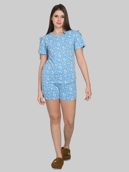 Round Neck Blue Half Sleeve Tshirt & Shorts Set