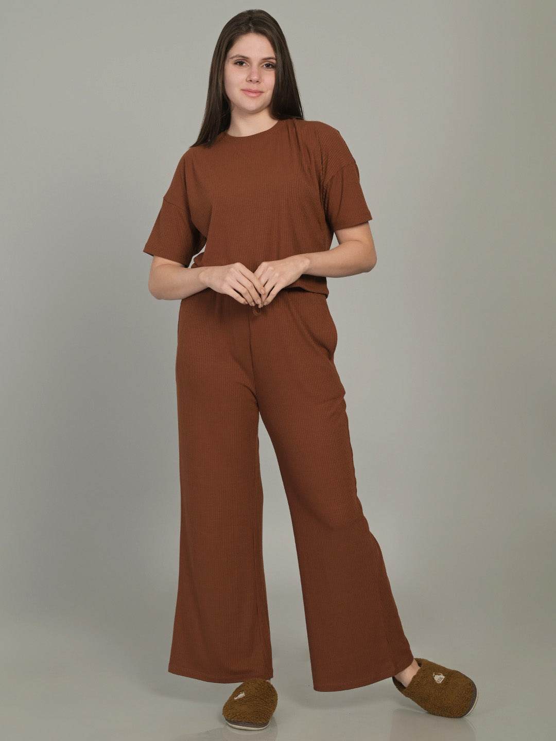 Round Neck Brown Half Sleeve Top & Palazzo Set