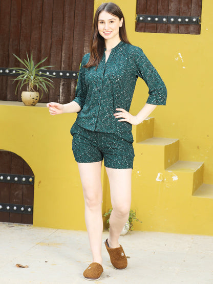 Round Neck Green 3/4Th Sleeve Top & Shorts Set