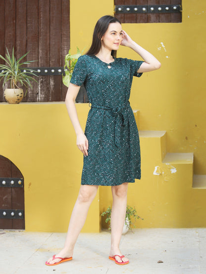 V Neck Green Half Sleeve Short Night Dress