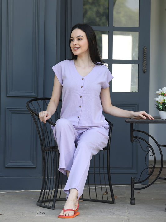 Purple Solid Poly Top & Pyjama Set