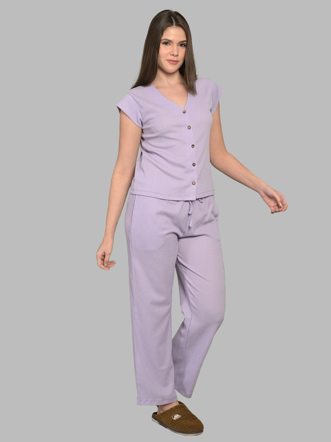 V Neck Purple Short Sleeve Top & Pyjama Set