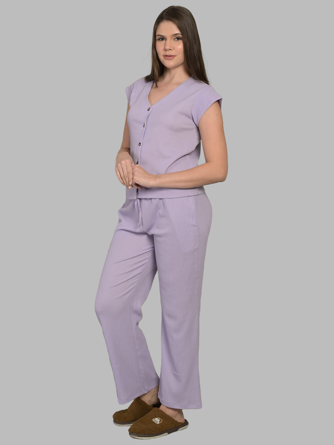 V Neck Purple Short Sleeve Top & Pyjama Set