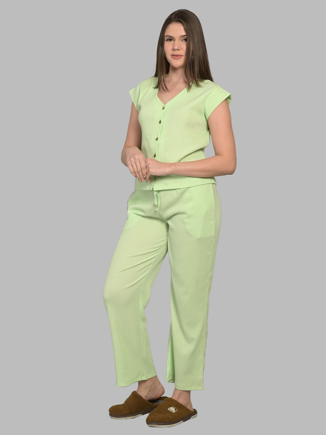 V Neck Green Short Sleeve Top & Pyjama Set