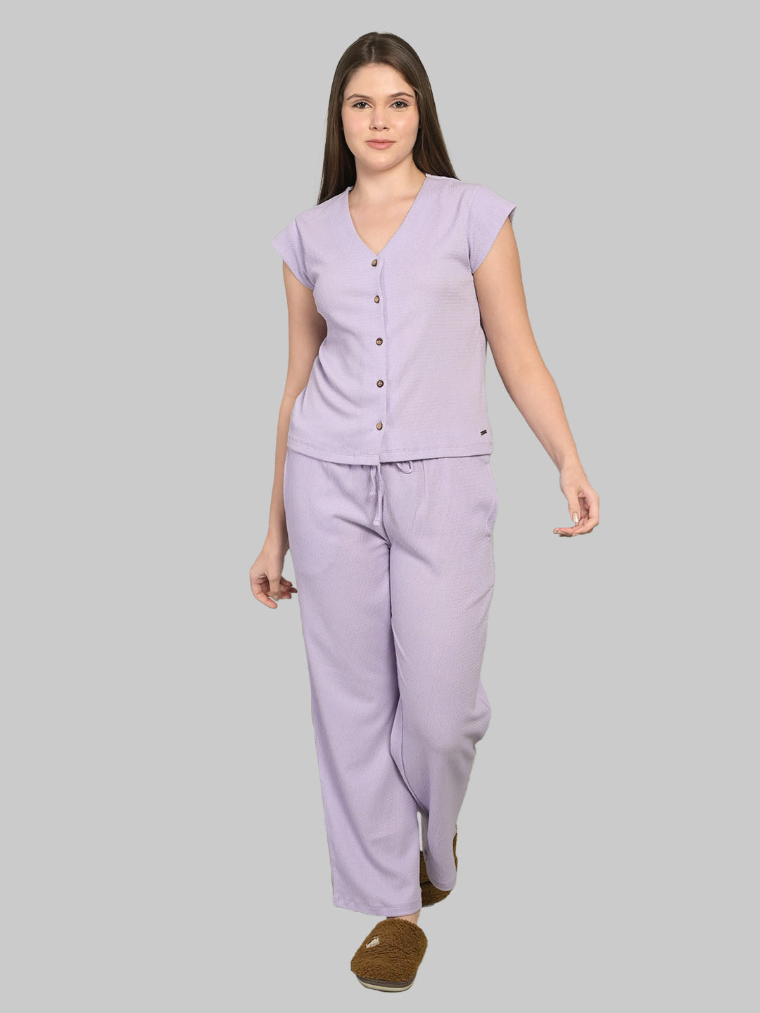 V Neck Purple Short Sleeve Top & Pyjama Set