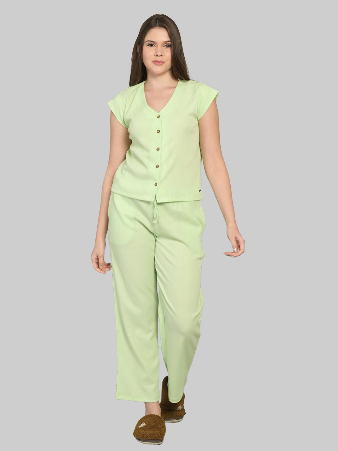 V Neck Green Short Sleeve Top & Pyjama Set