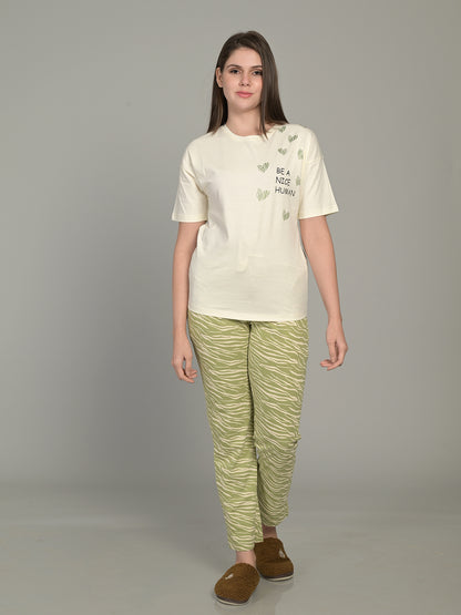 Round Neck Off White Half Sleeve Tshirt & Pyjama Set