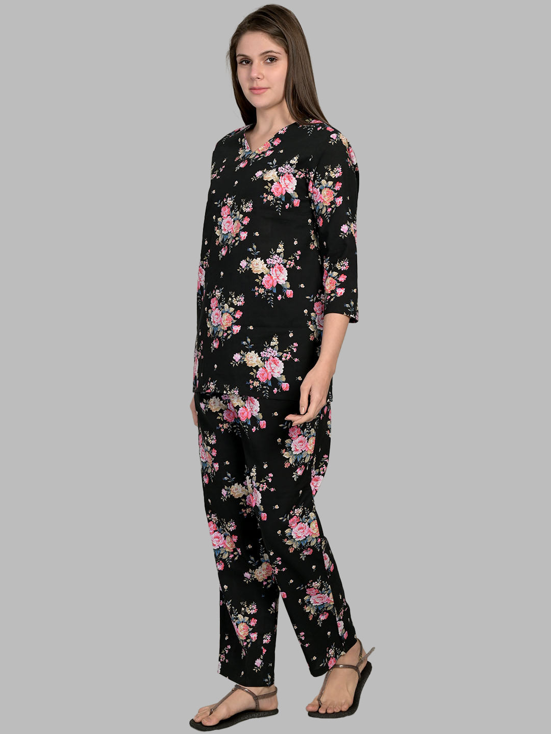 V Neck Black 3/4Th Sleeve Printed Co-Ord Set