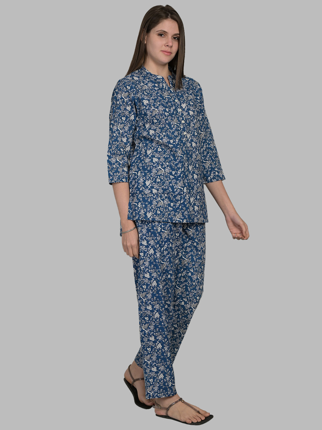 Round Neck Blue 3/4Th Sleeve Printed Co-Ord Set