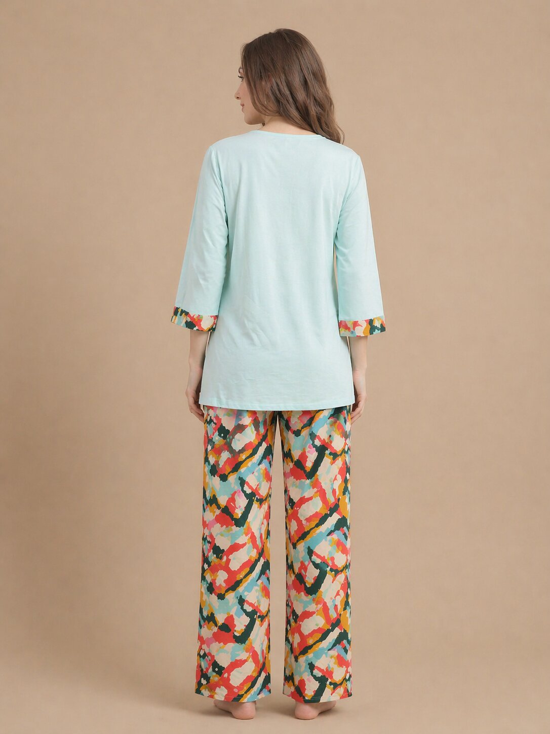 Women’s Printed Half Sleeve T-Shirt & Pyjama Set – Sand Brown and Blue