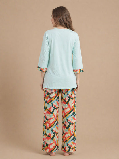Women’s Printed Half Sleeve T-Shirt & Pyjama Set – Sand Brown and Blue