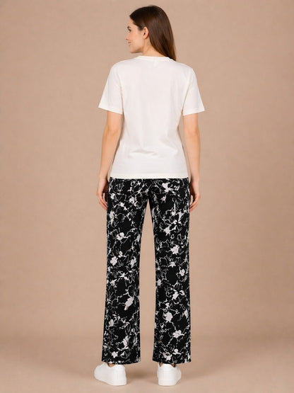 Women’s Printed Half Sleeve Cotton T-Shirt & Pyjama Set – Off White