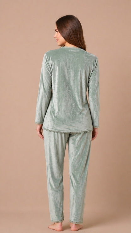 Winter Full Sleeve T-Shirt & Pant Cord Set – Sage Green