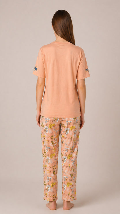 Women’s Printed Half Sleeve Rayon T-shirt & Pyjama Set Sleepwear - Coral