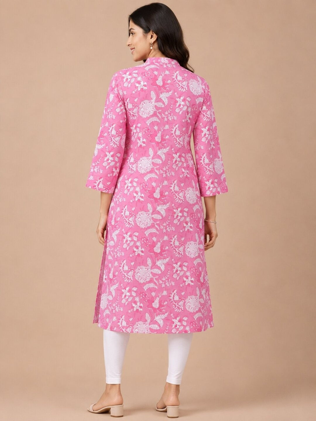 Women's Printed Casual Wear Cotton Blend Kurta - Pink