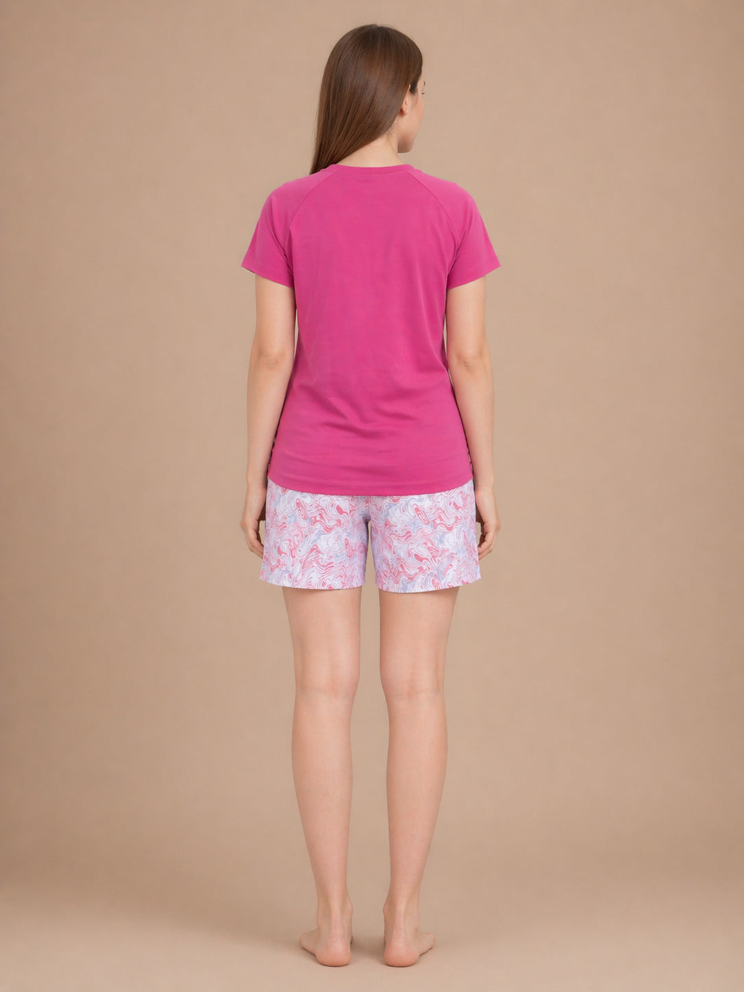 Women’s Printed Half Sleeve T-Shirt & Shorts Set – Pink