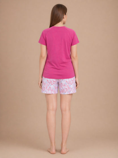 Women’s Printed Half Sleeve T-Shirt & Shorts Set – Pink