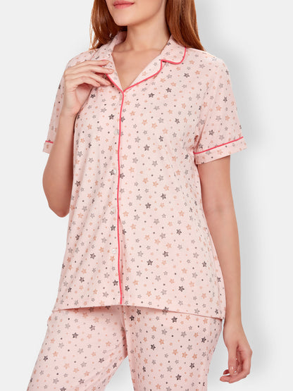 Pink Melange Front Open Half Sleeve T-Shirt & Pyjama