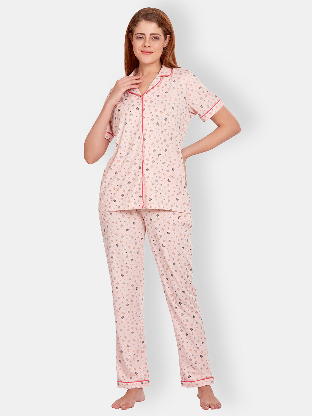 Pink Melange Front Open Half Sleeve T-Shirt & Pyjama