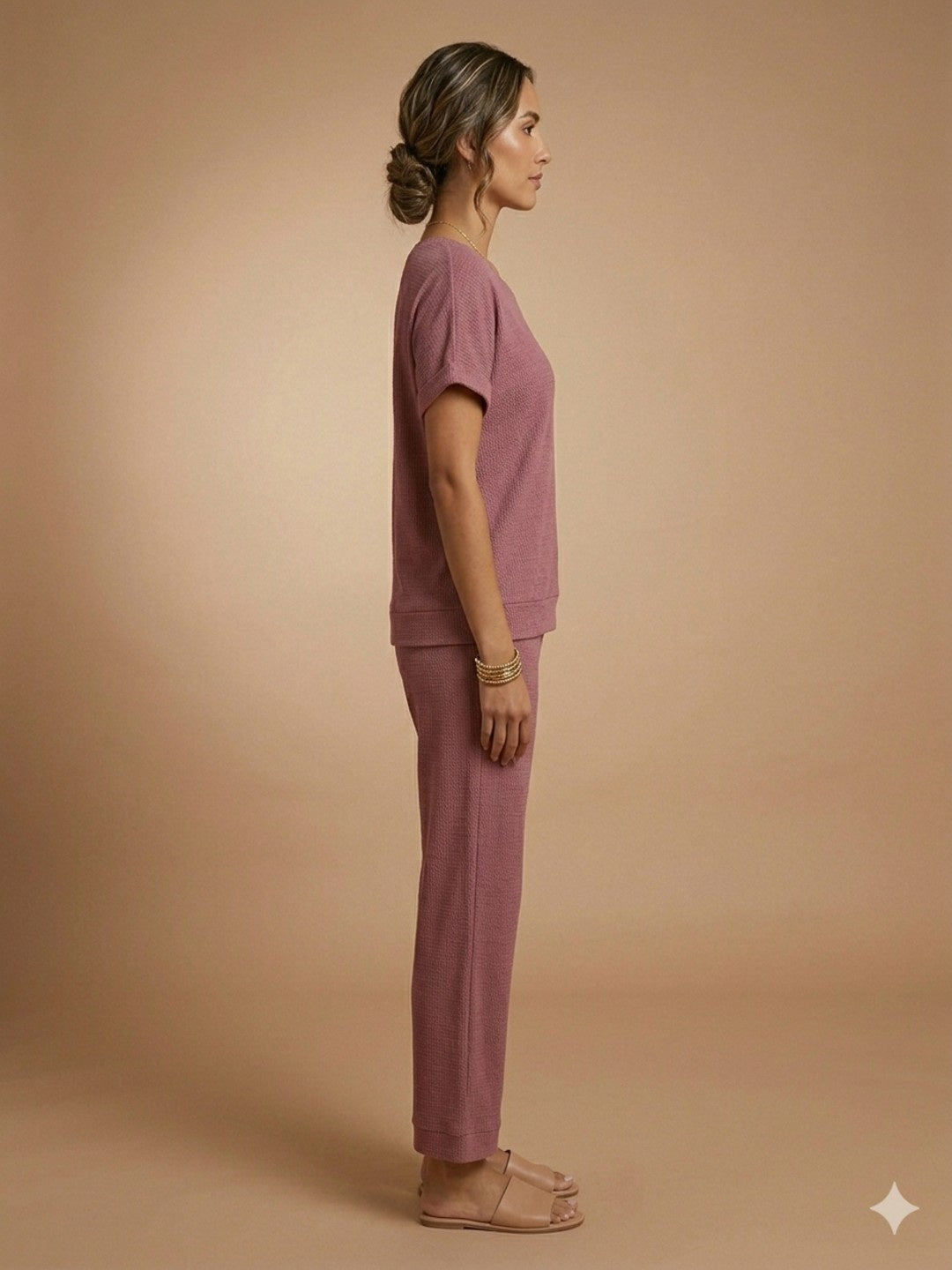 Women’s Waffle Textured Top & Bottom Set - Mauve