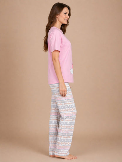 Women’s Print Half Sleeve T-Shirt & Pyjama Set – Off White