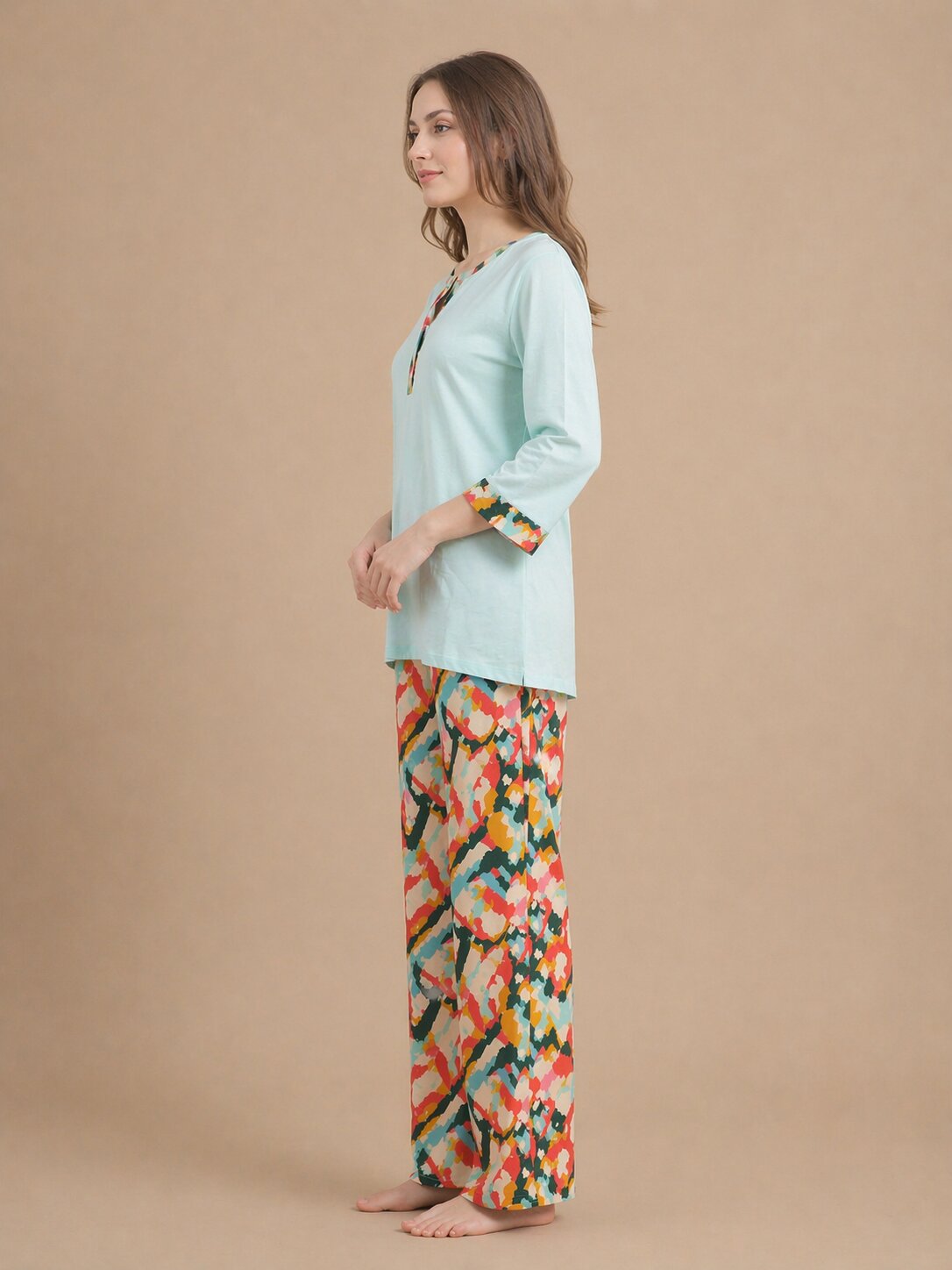 Women’s Printed Half Sleeve T-Shirt & Pyjama Set – Sand Brown and Blue