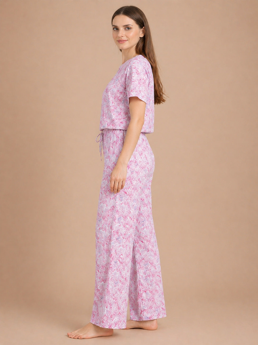Women’s Printed Half Sleeve Top & Palazzo Set – Pink