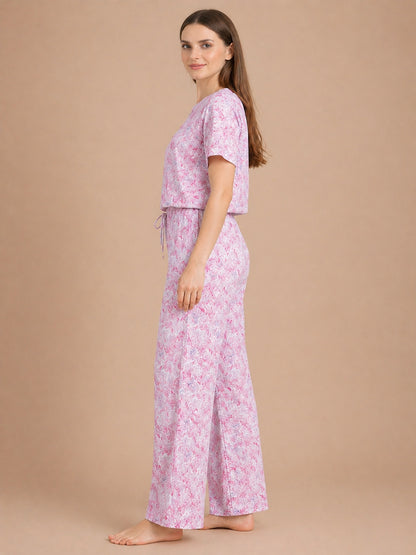 Women’s Printed Half Sleeve Top & Palazzo Set – Pink