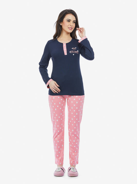 Printed Full Sleeve Top & Pyjama Set – Navy & Peach