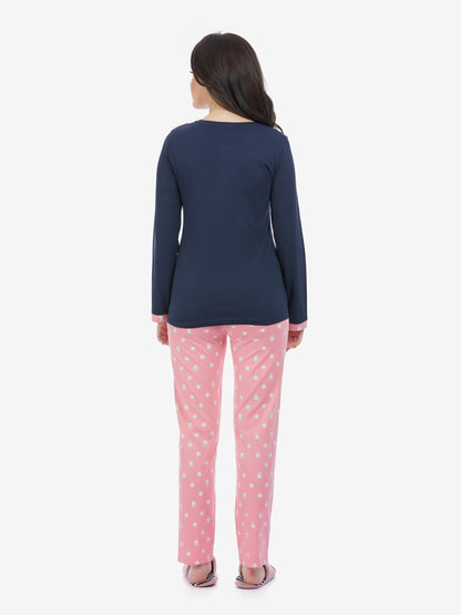 Printed Full Sleeve Top & Pyjama Set – Navy & Peach