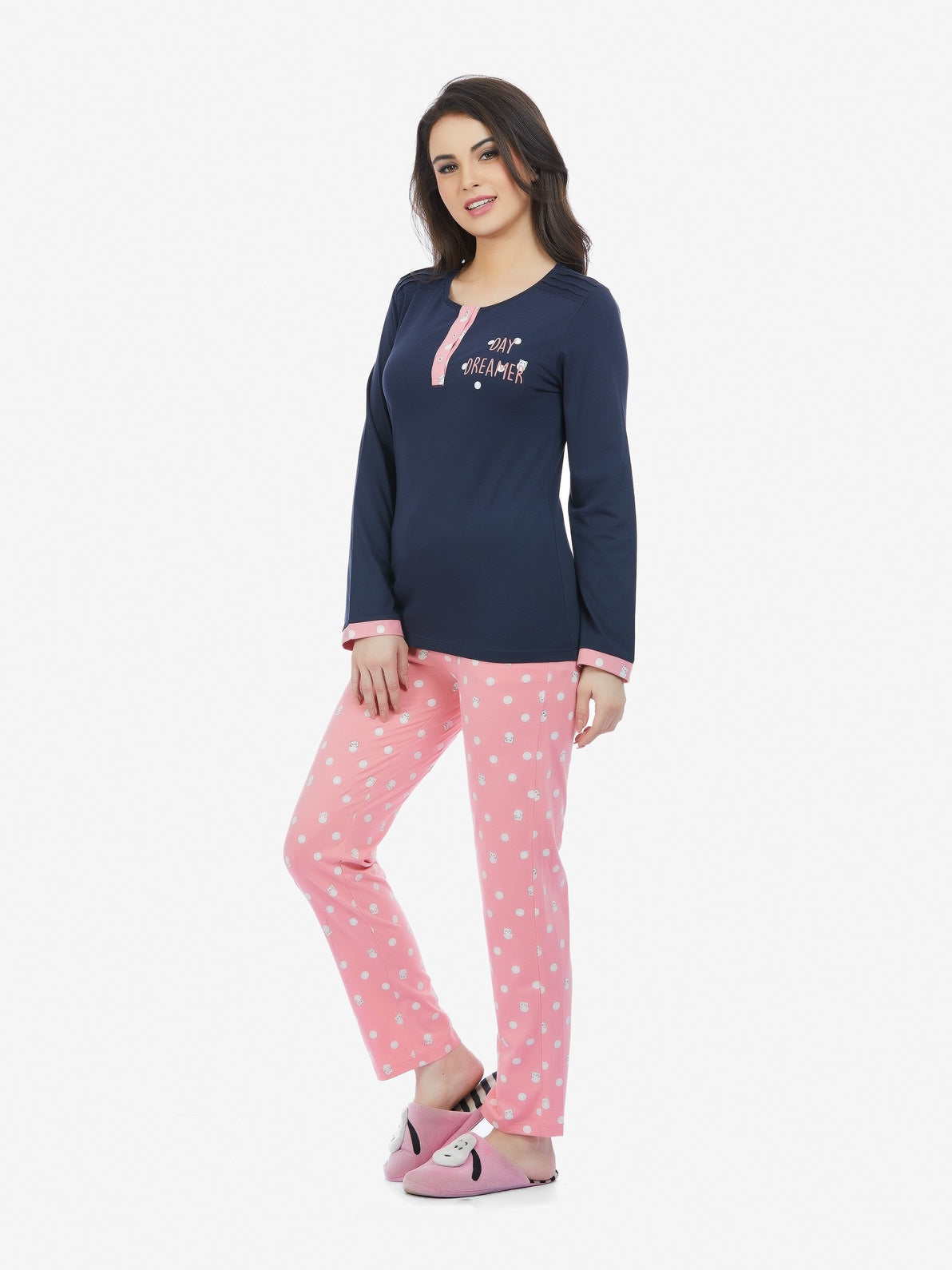 Printed Full Sleeve Top & Pyjama Set – Navy & Peach