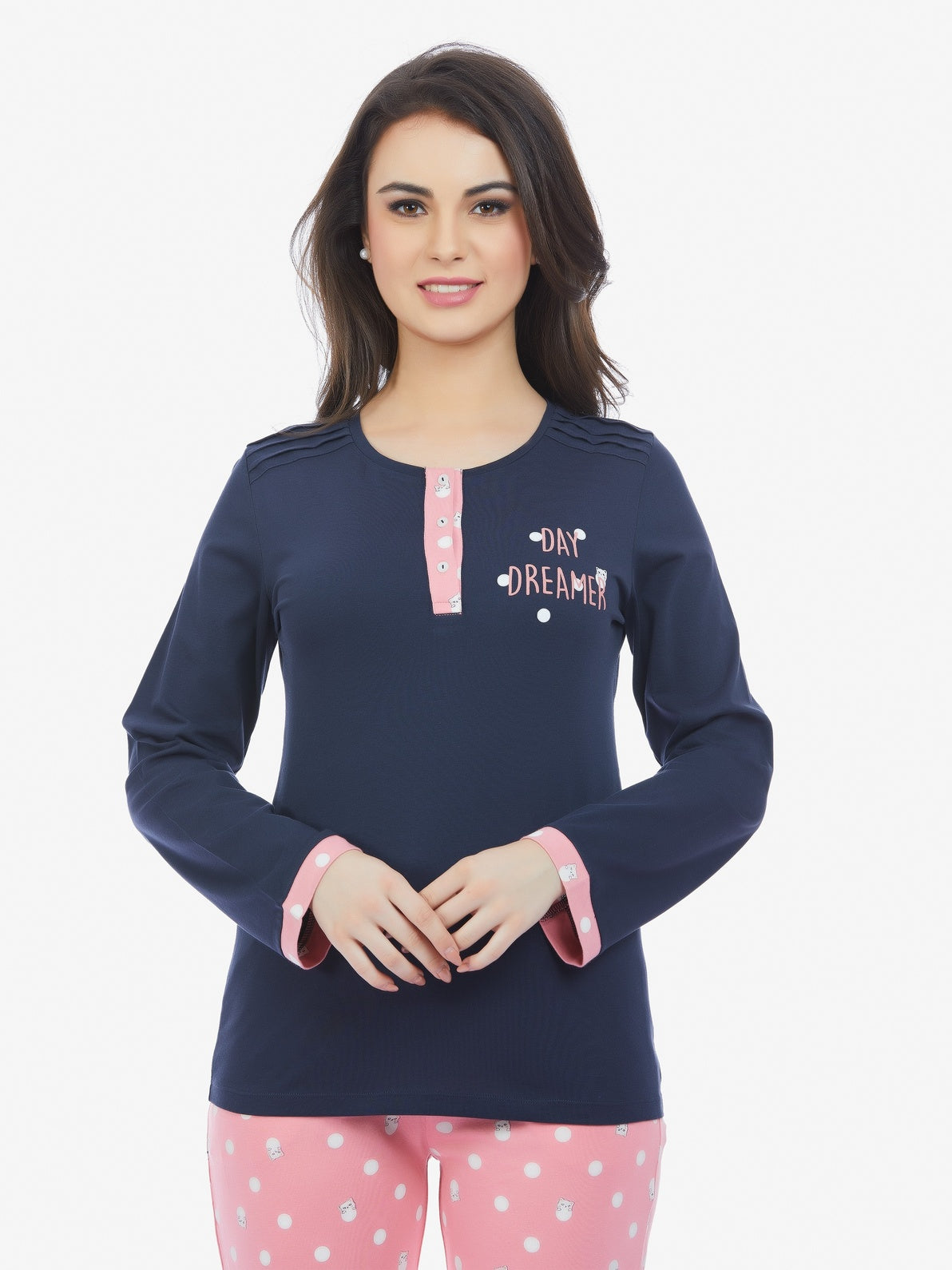 Printed Full Sleeve Top & Pyjama Set – Navy & Peach