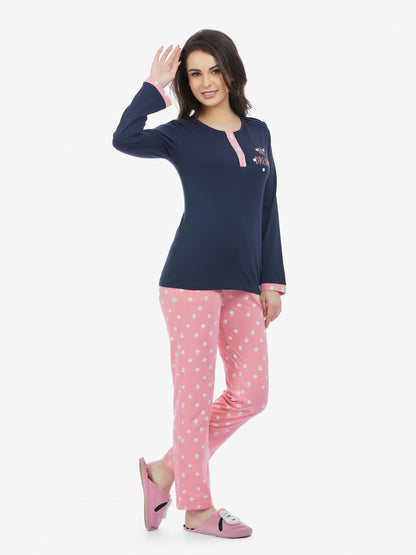 Printed Full Sleeve Top & Pyjama Set – Navy & Peach