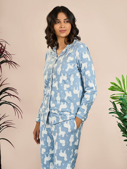 Blue Collored Full Sleeve Cartoon Printed Top & Pyjama Set