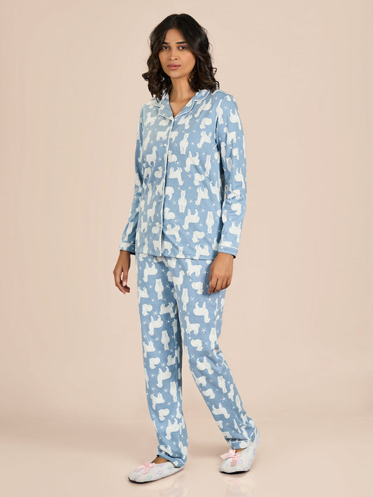 Blue Collored Full Sleeve Cartoon Printed Top & Pyjama Set