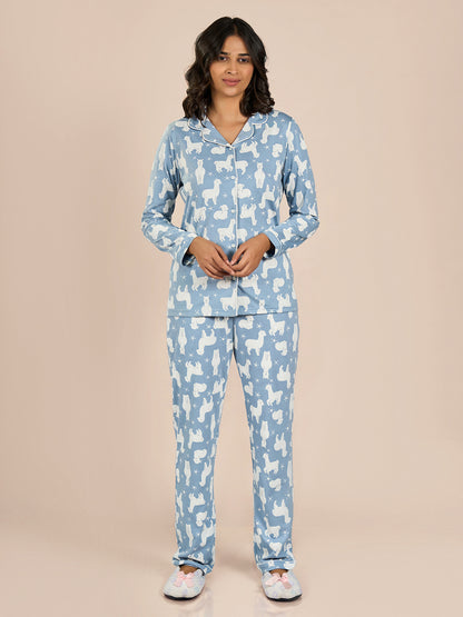 Blue Collored Full Sleeve Cartoon Printed Top & Pyjama Set