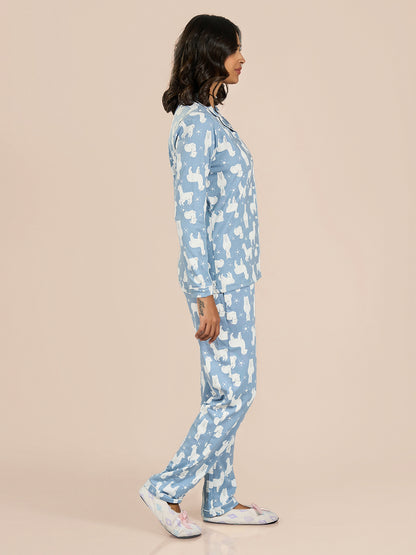 Blue Collored Full Sleeve Cartoon Printed Top & Pyjama Set