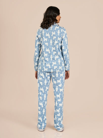 Blue Collored Full Sleeve Cartoon Printed Top & Pyjama Set