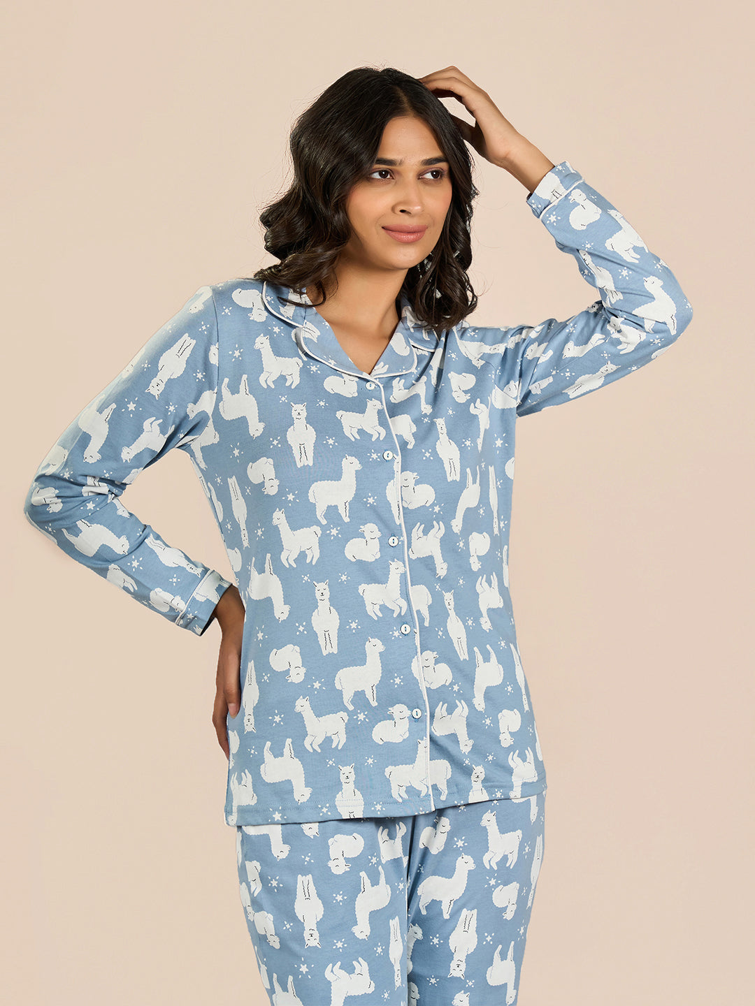 Blue Collored Full Sleeve Cartoon Printed Top & Pyjama Set