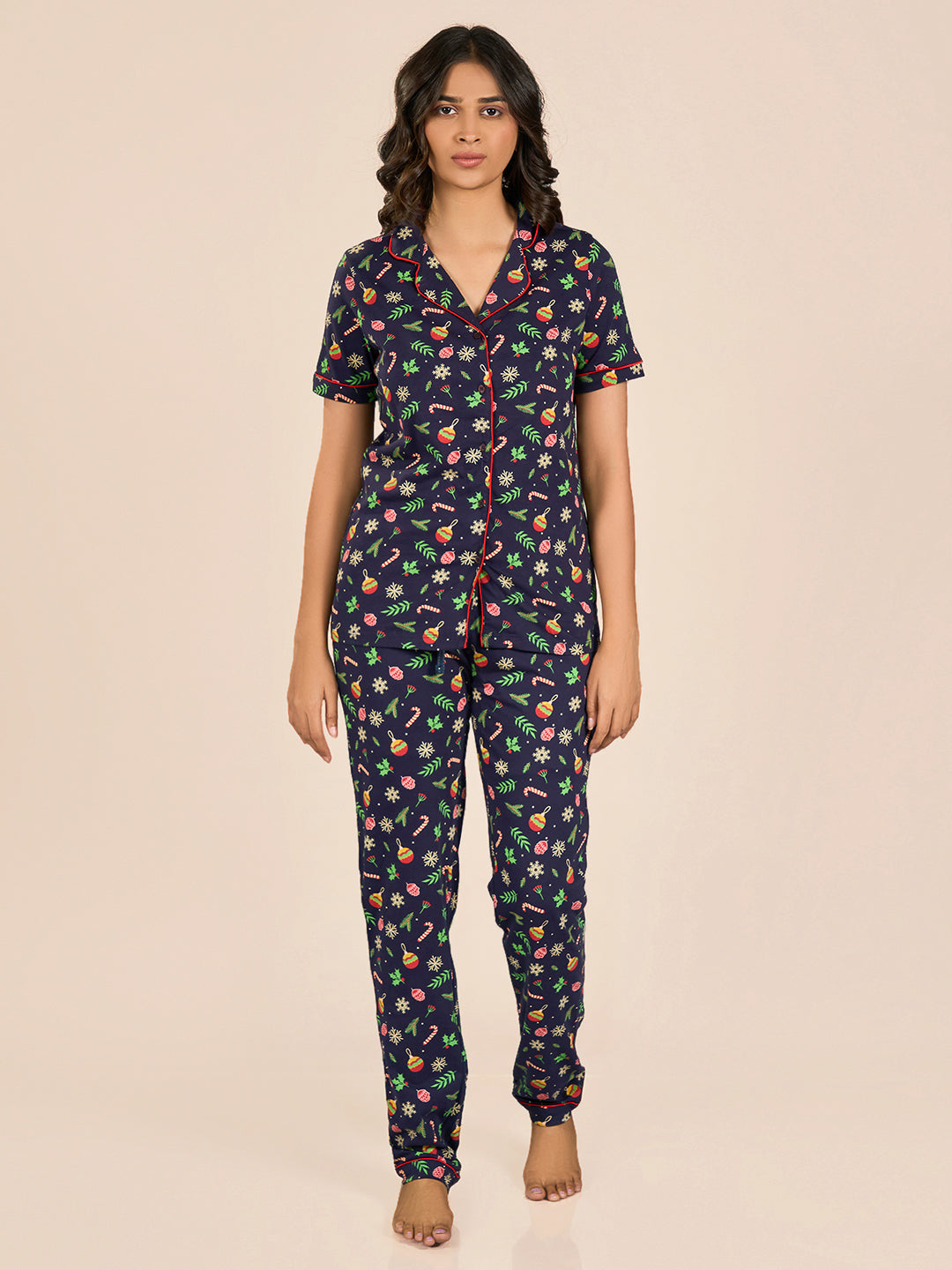 Pageant Navy Blue Printed Cotton Nightwear Set