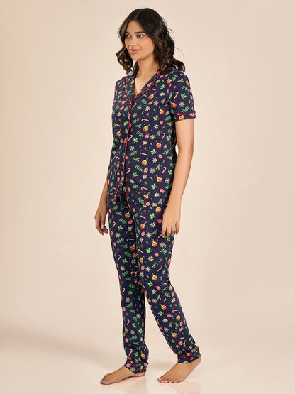 Pageant Navy Blue Printed Cotton Nightwear Set