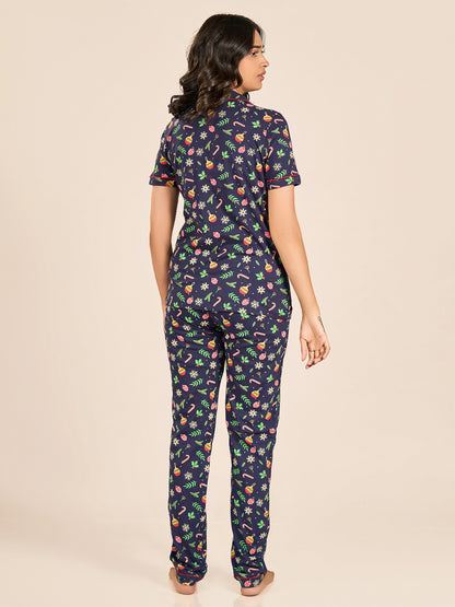 Pageant Navy Blue Printed Cotton Nightwear Set